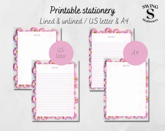 May include: Printable stationery set with pink daisy flower border. Includes lined and unlined paper in US letter and A4 sizes. "NOTES" is printed at the top of each sheet.