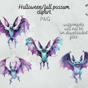 May include: Three digital illustrations of a purple and blue possum with large bat wings. The possum has a toothy grin and is in a flying pose. The background is a white watercolor wash.