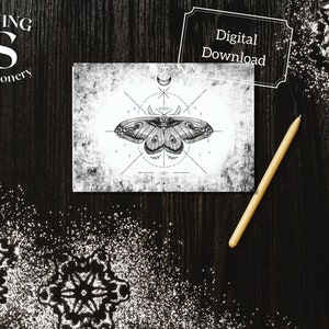 Druckbare Karte für alle Gelegenheiten, schwarz-weiße Mottenkarte, Totenkopfmotte, digitaler Download, sofortiger Download