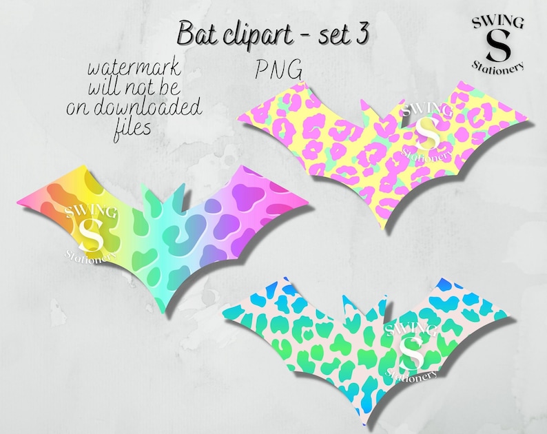 May include: Three digital clipart images of bats with a rainbow, pink and yellow, and blue and green gradient leopard print pattern. The text "Bat clipart - set 3" and "PNG" are visible at the top of the image.