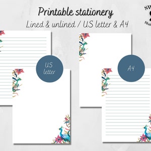 Peacock printable writing paper, printable letter paper, downloadable note paper, printable letterhead, US letter and A4, printable peacock