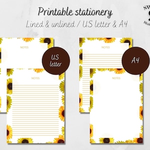 Papier à lettres imprimable tournesol, papier à lettres téléchargeable tournesol, papier à lettres fleur imprimable papeterie tournesol, US et A4 PDF