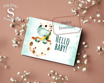 Welcome baby printable card, baby shower card, new baby card, baby dinosaur printable card, new parent card, green hello baby shower card