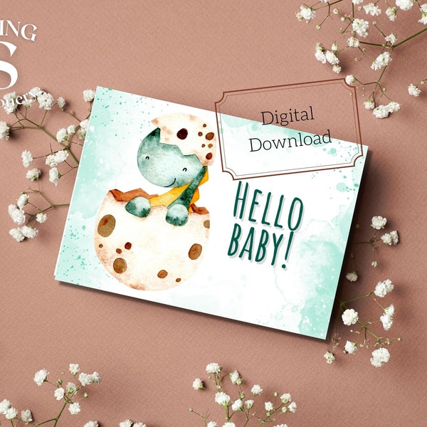 Welcome baby printable card, baby shower card, new baby card, baby dinosaur printable card, new parent card, green hello baby shower card