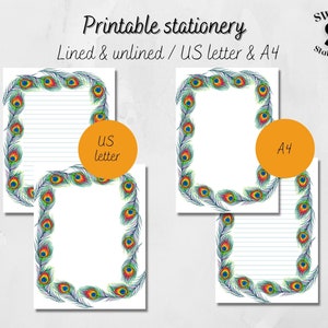 Peacock feather writing paper, printable letter paper, downloadable note paper, printable letterhead, US letter and A4, printable peacock
