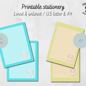 Papel de escritura imprimible Axolotl, papel de carta imprimible, papel de nota descargable, ajolote kawaii, membrete descargable