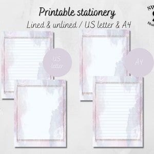 pastel printable writing paper, elegant note paper, pink and purple stationery, printable pastel paper downloadable letterhead US and A4 PDF