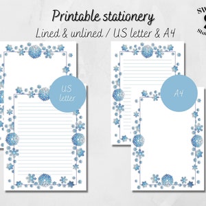 Papel de escritura imprimible con copos de nieve, papel de notas descargable, papelería de copos de nieve de invierno, papel de carta imprimible, membrete descargable