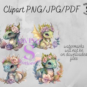 Baby Drache Clipart, Baby Drache blumig, kawaii Drachen Kunst, süße Drachen Kinderzimmer printable