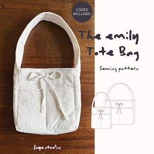 May include: A white tote bag with a shoulder strap and two front pockets. The bag features a bow detail and is made of a textured fabric. Text on the image reads "The emily Tote Bag" and "Sewing pattern".