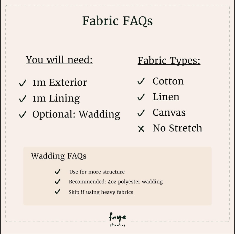 Op de afbeelding: Een cr&egrave;mekleurige afbeelding met de tekst "Fabric FAQs" en lijsten met stofsoorten en vereisten. De tekst bevat de stoffen "Katoen", "Linnen" en "Canvas". Het vermeldt ook "1m Buitenkant" en "1m Voering" als vereisten. De onderkant van de afbeelding zegt "faye studios".