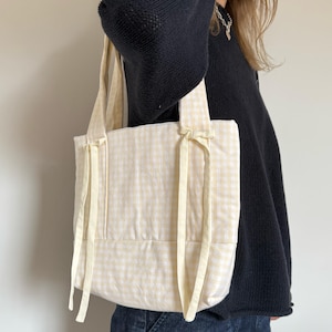 Yellow Gingham Bag, Medium Tote Handbag, Reusable Gingham Tote, Bag With Pocket, Lined Handmade Bag