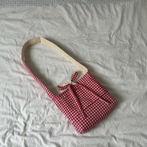 Small Red Gingham Cross Body Tote Bag With Bow Fastening