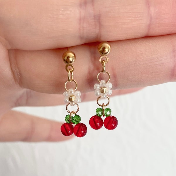 Very Cherry* dainty beaded white daisy flower and glass red cherries drop and dangle tiny earrings