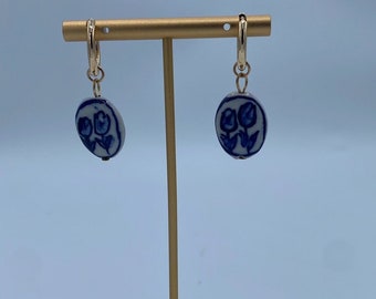 Ceramic dangle hoop tulip earrings, Delft blue jewelry, Dutch earrings, Dainty earrings