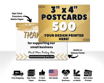 500 3" x 4" Printed Postcards, Thick 16pt Custom Postcards Full Color Both Sides, Glossy Coated or Matte Finish Postcards Printed