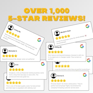Puede incluir: Un collage de rese&ntilde;as de Google para un servicio de impresi&oacute;n de tarjetas de visita. Las rese&ntilde;as son todas de cinco estrellas y destacan la calidad de las tarjetas, el servicio al cliente y la rapidez de la entrega.