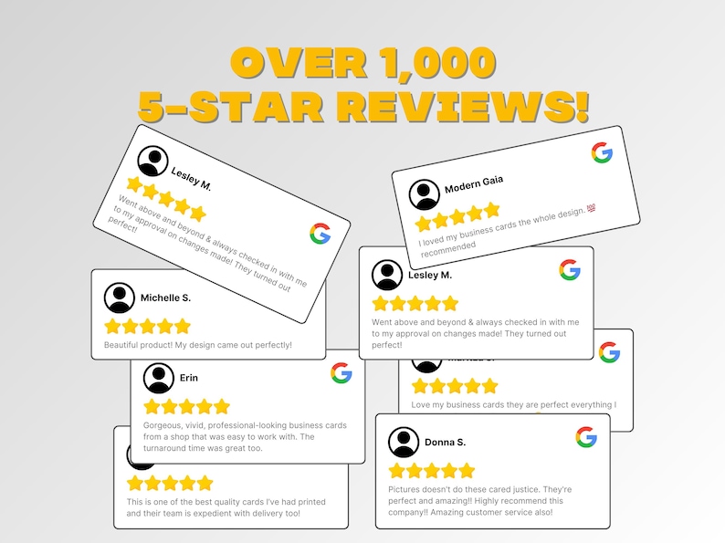 Puede incluir: Un collage de rese&ntilde;as de Google para un servicio de impresi&oacute;n de tarjetas de visita. Las rese&ntilde;as son todas de cinco estrellas y destacan la calidad de las tarjetas, el servicio al cliente y la rapidez de la entrega.