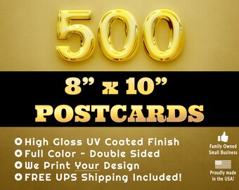 500 8" x 10" Printed Postcards|Thick 16pt Custom Postcards|Full Color Both Sides|Glossy Coated or Matte Finish Postcards|FREE UPS Shipping