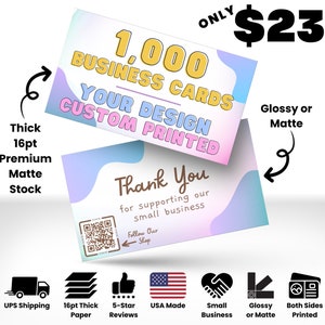 1000 Business Cards Printed, Thick 16pt Printed Business Cards, Full Color Business Cards, Glossy or Matte Finish Printed Business Cards