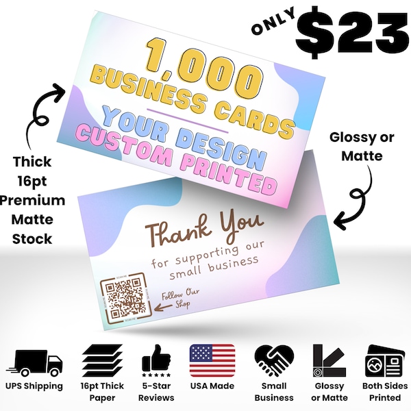1000 Business Cards Printed, Thick 16pt Printed Business Cards, Full Color Business Cards, Glossy or Matte Finish Printed Business Cards