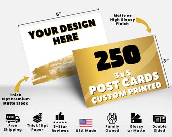 250 3" x 5" Printed Postcards|Thick 16pt Custom Postcards|Full Color Both Sides|Glossy Coated or Matte Finish Postcards|FREE UPS Shipping