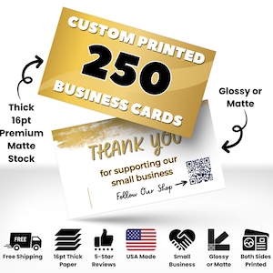 250 Business Cards Printed, Custom Printed Cards, Thick 16pt Glossy or Matte Full Color Business Cards, Gift for Businesses, Custom Cards