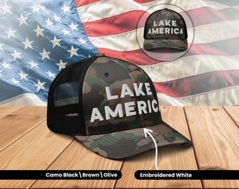 Lake America Camo Cap Embroidered, Camo Lake America Cap, Freedom Cap, Camo Lake America Snap Back Cap, Patriotic Dad Hat. Camo Print Cap