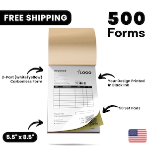 May include: A notepad of invoices with a white and yellow carbonless form. The notepad is 5.5" x 8.5" and contains 500 forms. The design is printed in black ink. The notepad has 50 sets of pads.