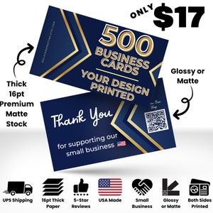 500 Business Cards Printed, Thick 16pt Full Color Business Cards Glossy or Matte Finish, Custom Business Cards • Business Cards Printed