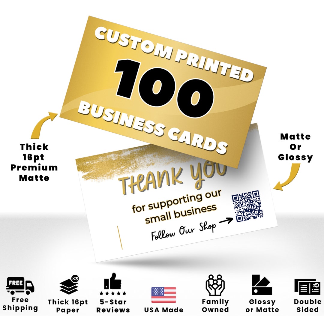 100 Business Cards Printed, Custom Printed Cards, Thick 16pt Glossy or Matte Full Color Business