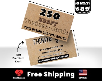 250 Kraft Business Cards Printed, Custom Printed Cards, 18pt Kraft Cards, Custom Kraft Cards, Personalized Kraft Cards Printed, Custom Cards