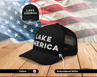 Lake America Cap Embroidered, Lake America USA Cap, Embroidered Lake America Cap, Freedom Cap, Yupoong 6606 Snap Back Cap, Patriotic Dad Hat