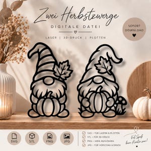Può includere: Un set di file digitali con due disegni di gnomi in arte lineare nera con foglie autunnali e zucche. Il testo riporta Zwei Herbstzwerge, DIGITALE DATEI, LASER, 3D-DRUCK, PLOTTEN, SOFORT DOWNLOAD ed elenca i formati SVG, STL, PNG e JPG.