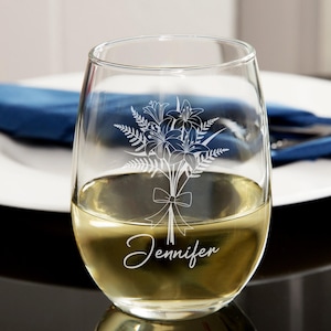 Personalized Lily Bouquet Stemless Wine Glass: Engraved Floral Gift