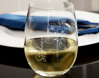 Engraved Birth Flower Wine Glass, Personalized Floral Gift for Her