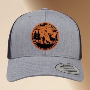 Personalized Leather Patch Hunting Hat | Engraved Adjustable Trucker Hat, Gift for Deer Hunters, Custom Men&#39;s Snapback Cap Father&#39;s Day Gift