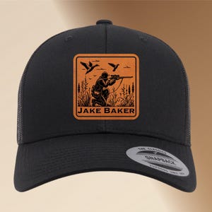 Personalized Leather Patch Hunting & Fishing Hat- Engraved Trucker Hat, Custom Men’s Snapback Cap, Adjustable Gift for Fishermen and Hunters