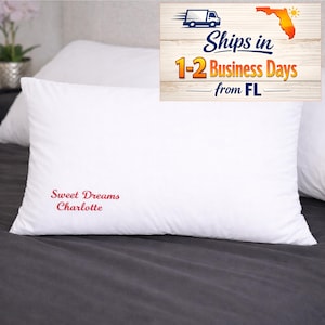 May include: A white rectangular pillow with the embroidered text "Sweet Dreams Charlotte" in red. The pillow is on a dark gray surface. The image also includes a graphic with text.