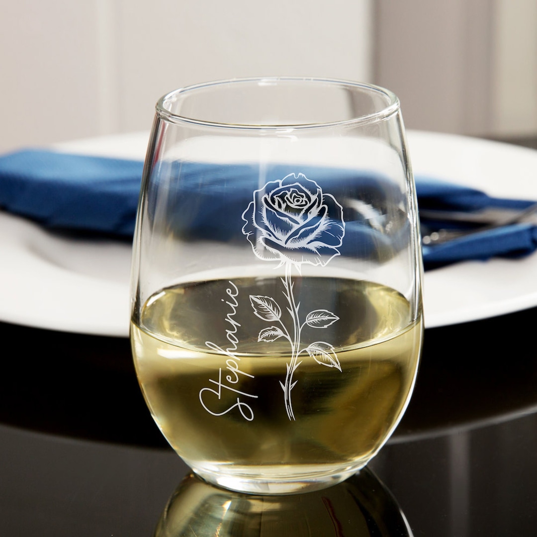 Rose Flower Wine Glass Engraved Mothers Day Gift Valentines Custom Rose