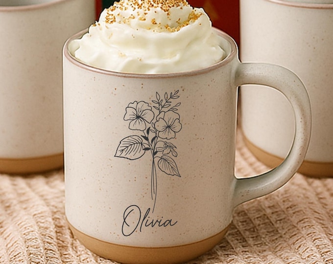 Personalized Birth Flower Coffee Mug: Engraved Floral Design, Speckled Rustic Finish