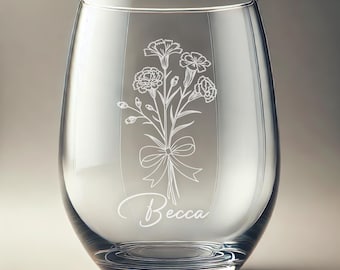 Personalized Engraved Carnation Stemless Wine Glass: Floral Etched Gift