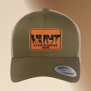 Personalized Leather Patch Hunting Hat | Engraved Adjustable Trucker Hat | Deer Hunters Gift | Custom Men&#39;s Snapback Cap Father&#39;s Day Gift