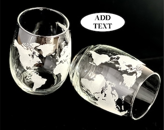 Custom WORLD MAP ENGRAVED on Wine Glasses  Personalized World Traveler Explorer Gift Geography Lover Moving Gift Traveling World Citizen