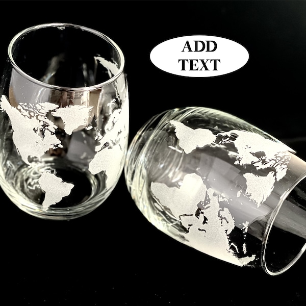 Custom WORLD MAP ENGRAVED on Wine Glasses  Personalized World Traveler Explorer Gift Geography Lover Moving Gift Traveling World Citizen