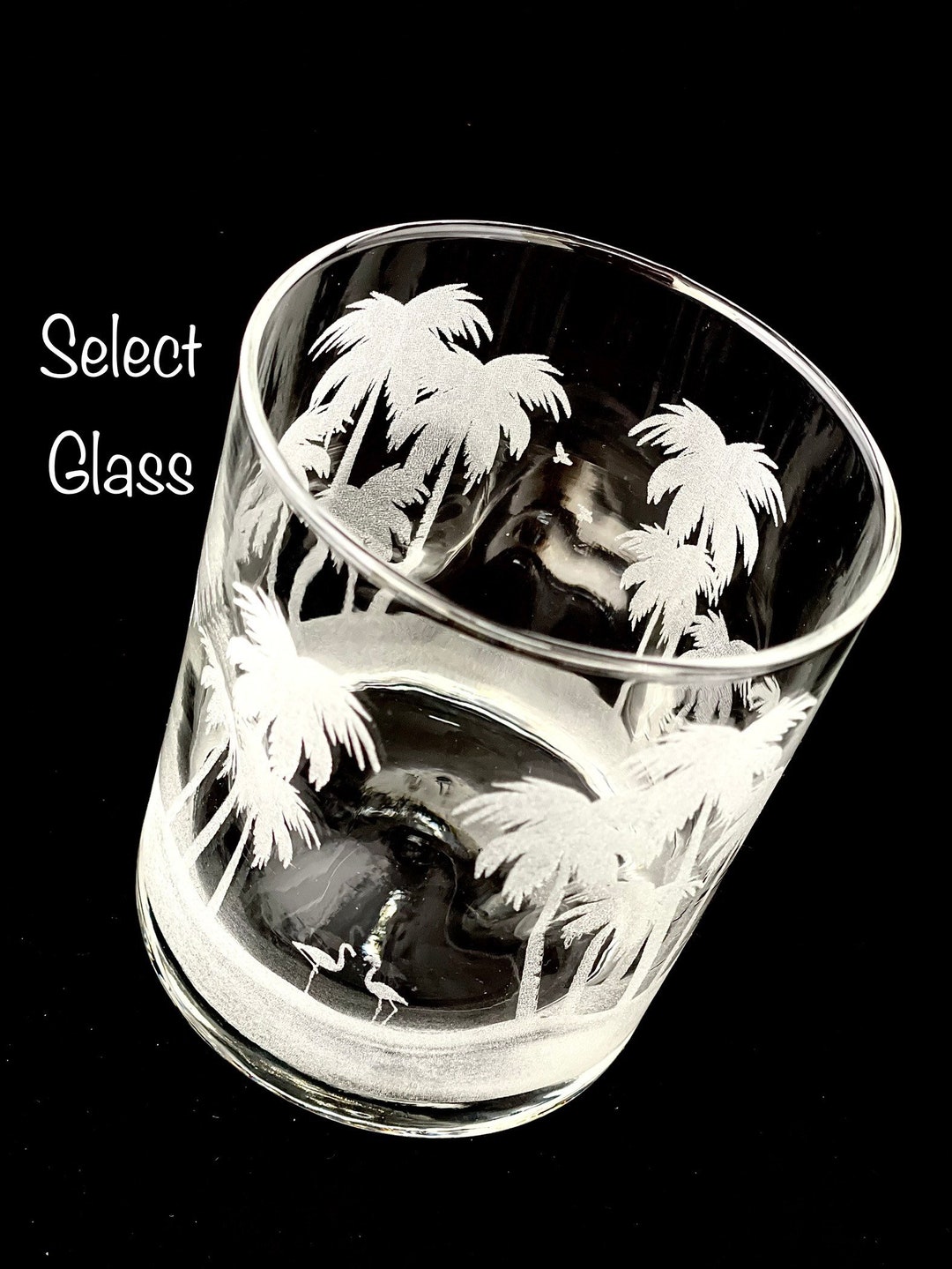 Beach Custom Gift PALM TREES and Flamingos ENGRAVED on Whiskey Rocks Glass or Dimpled Double Old