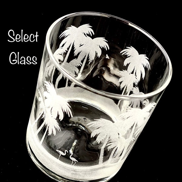 Beach Custom Gift PALM TREES and Flamingos ENGRAVED on Whiskey Rocks Glass or Dimpled Double Old Fashioned Glass Etched  All Around Glass