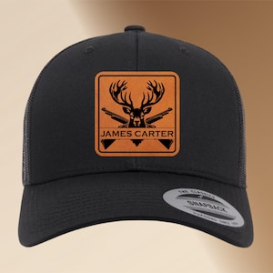 Personalized Leather Patch Hunting Hat | Engraved Adjustable Trucker Hat | Deer Hunters Gift | Custom Men&#39;s Snapback Cap Father&#39;s Day Gift