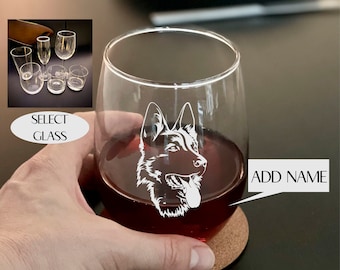GERMAN SHEPHERD Dog Personalized ENGRAVED on Glass- Rocks Whiskey Old Fashioned Stemless Wine Beer Champagne Custom Etched Pet Birthday Gift