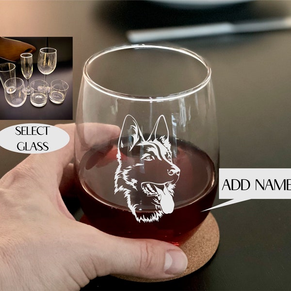 GERMAN SHEPHERD Dog Personalized ENGRAVED on Glass- Rocks Whiskey Old Fashioned Stemless Wine Beer Champagne Custom Etched Pet Birthday Gift